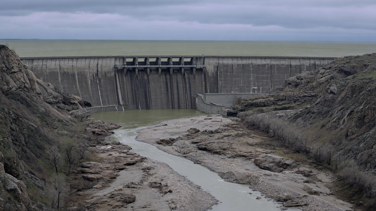 A concrete dam and a sediment-starved rocky river corridor downstream