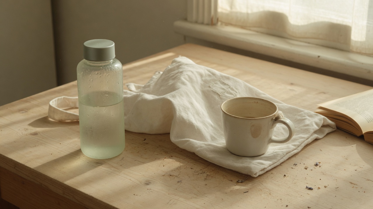 A quiet kitchen table with a bottle, cloth bag, and cup in morning light