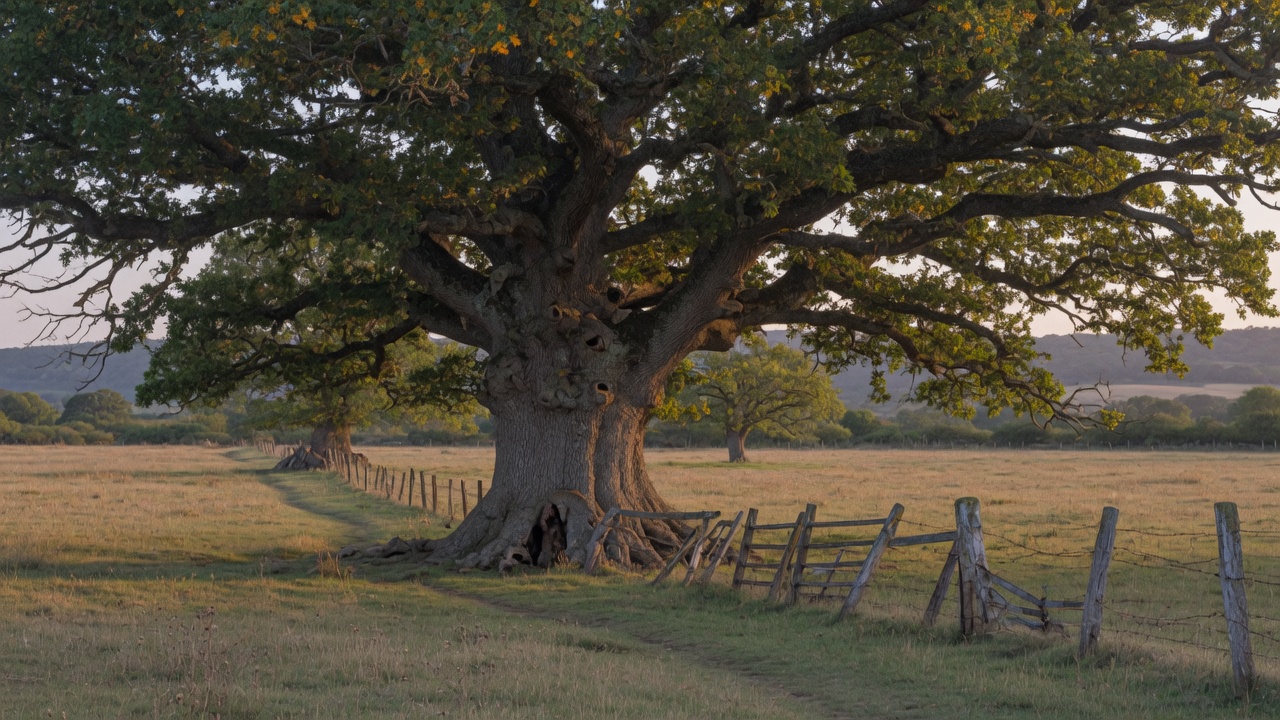 A massive old oak tree in a quiet field in late afternoon light
