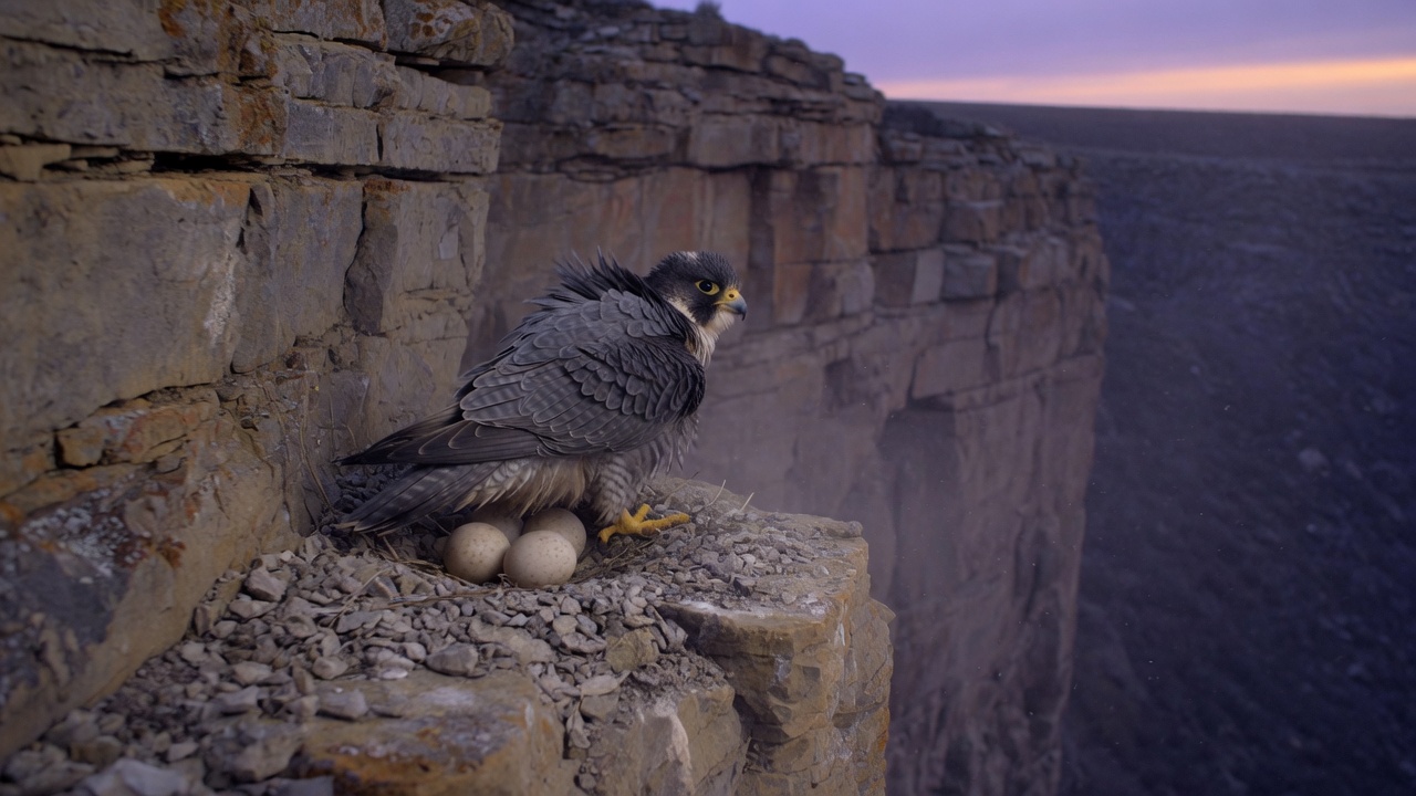 Peregrine falcon on a cliff nest at dusk