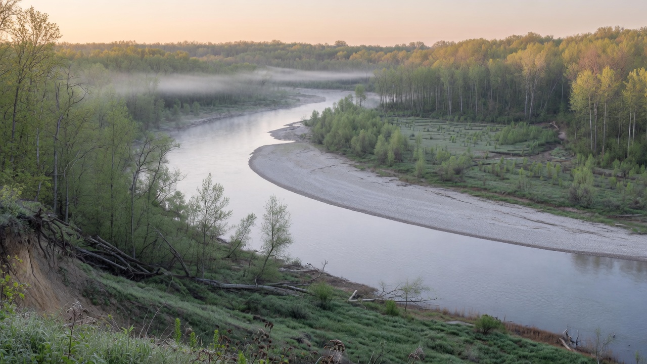 A wide restored river winding through floodplain forest