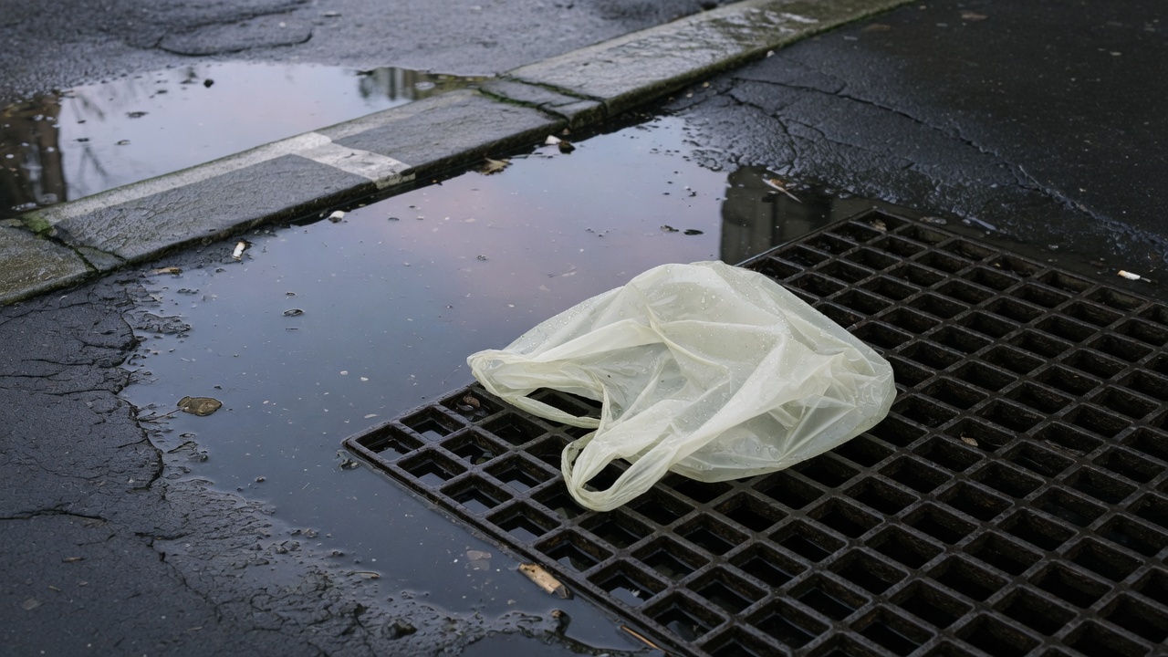 A plastic bag caught in a storm drain after rain